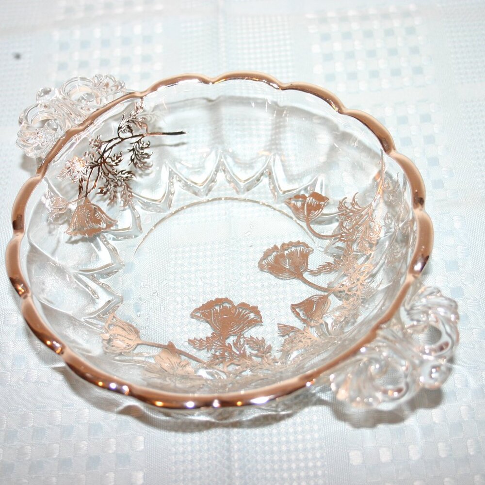 Clear Glass Silver Floral Overlay Candy Dish R-981